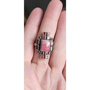 Vintage Signed NB 925 Sterling Silver &Rhodochrosite with Garnets Ring Size 11.5